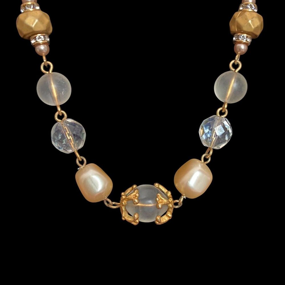 Liz Claiborne Necklace Simulated Pearls Faceted Glass Beads Rhinestone Rhondells